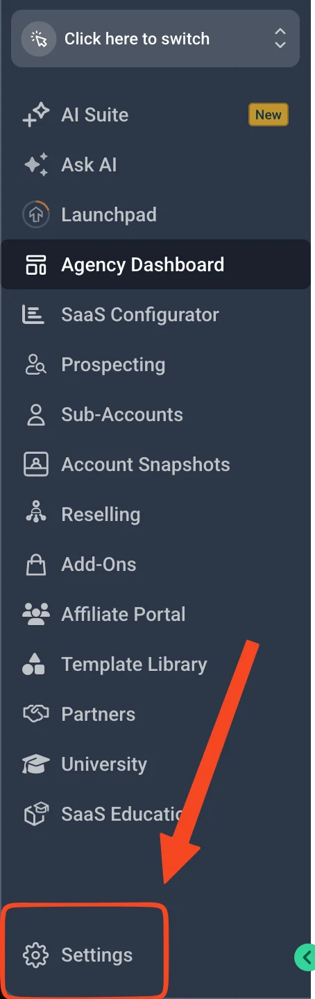 Agency sidebar with Settings highlighted at the bottom