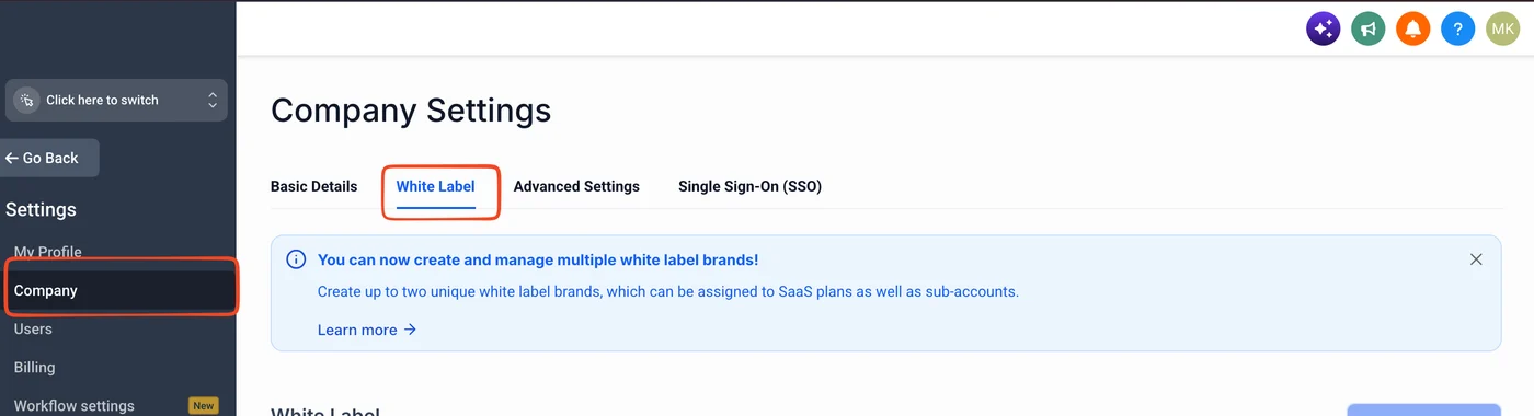 Company Settings with the Company menu item and White Label tab highlighted