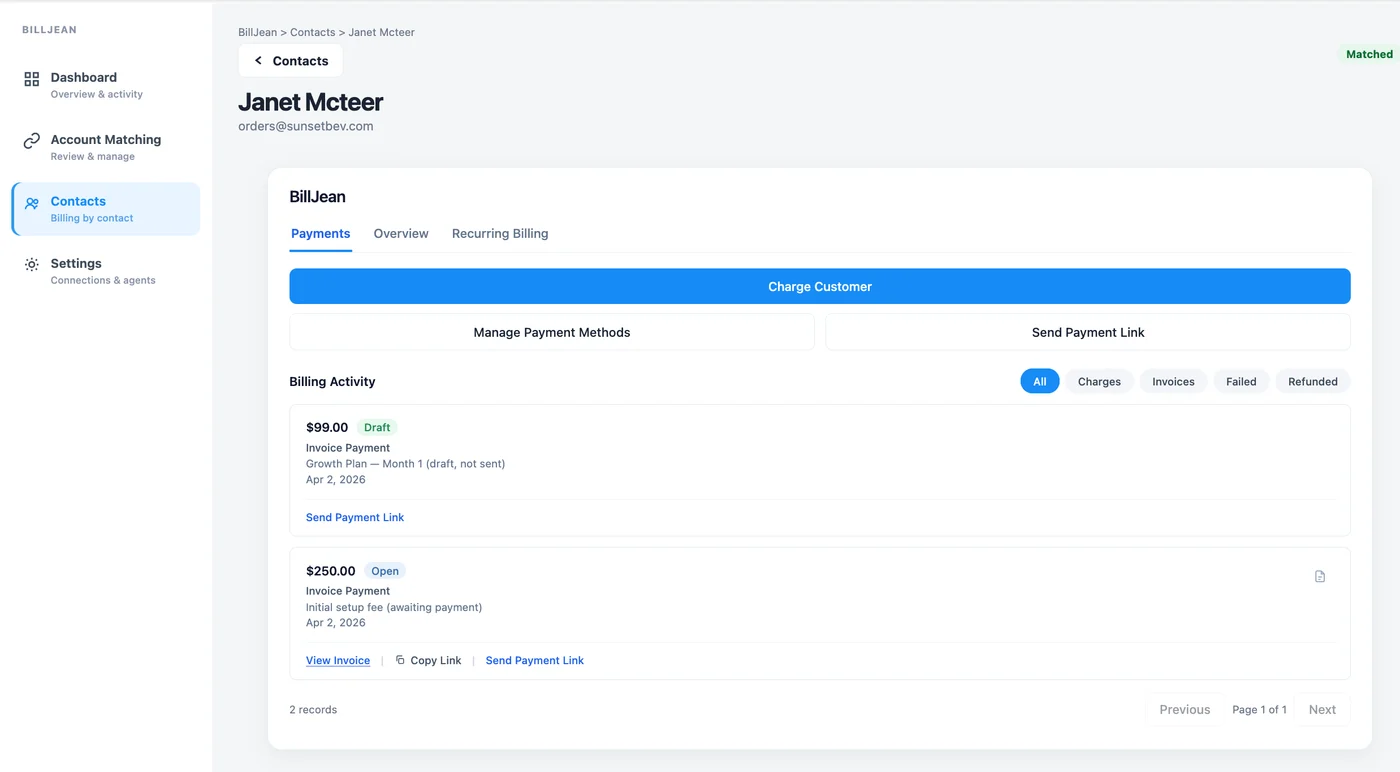 A matched contact in BillJean with Charge Customer, Manage Payment Methods, Send Payment Link and Billing Activity