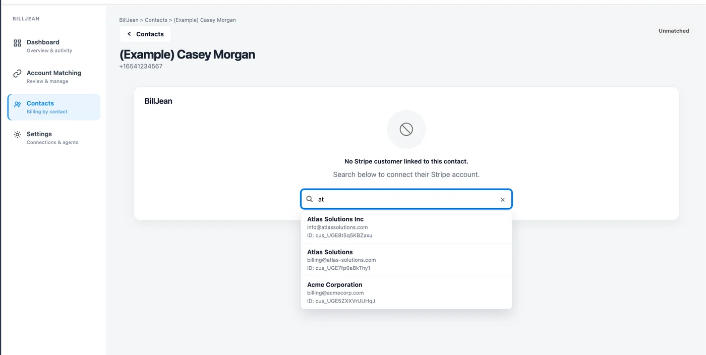 Searching Stripe customers from an unmatched contact, with three results
