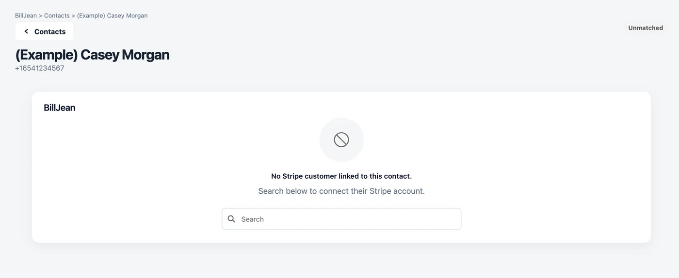 Unmatched contact: No Stripe customer linked to this contact, with a search box