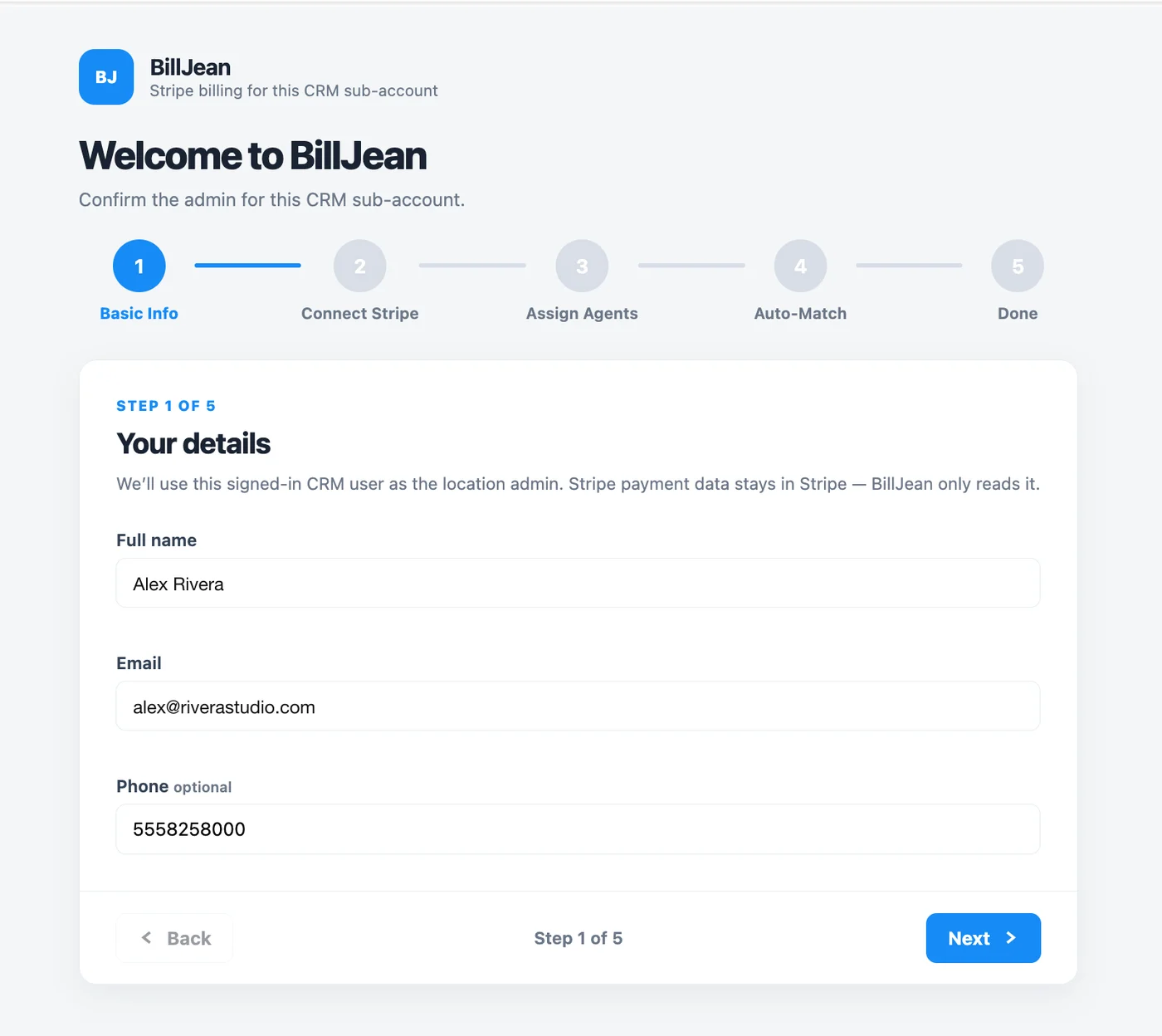 Setup step 1 of 5: Your details, with full name, email and optional phone