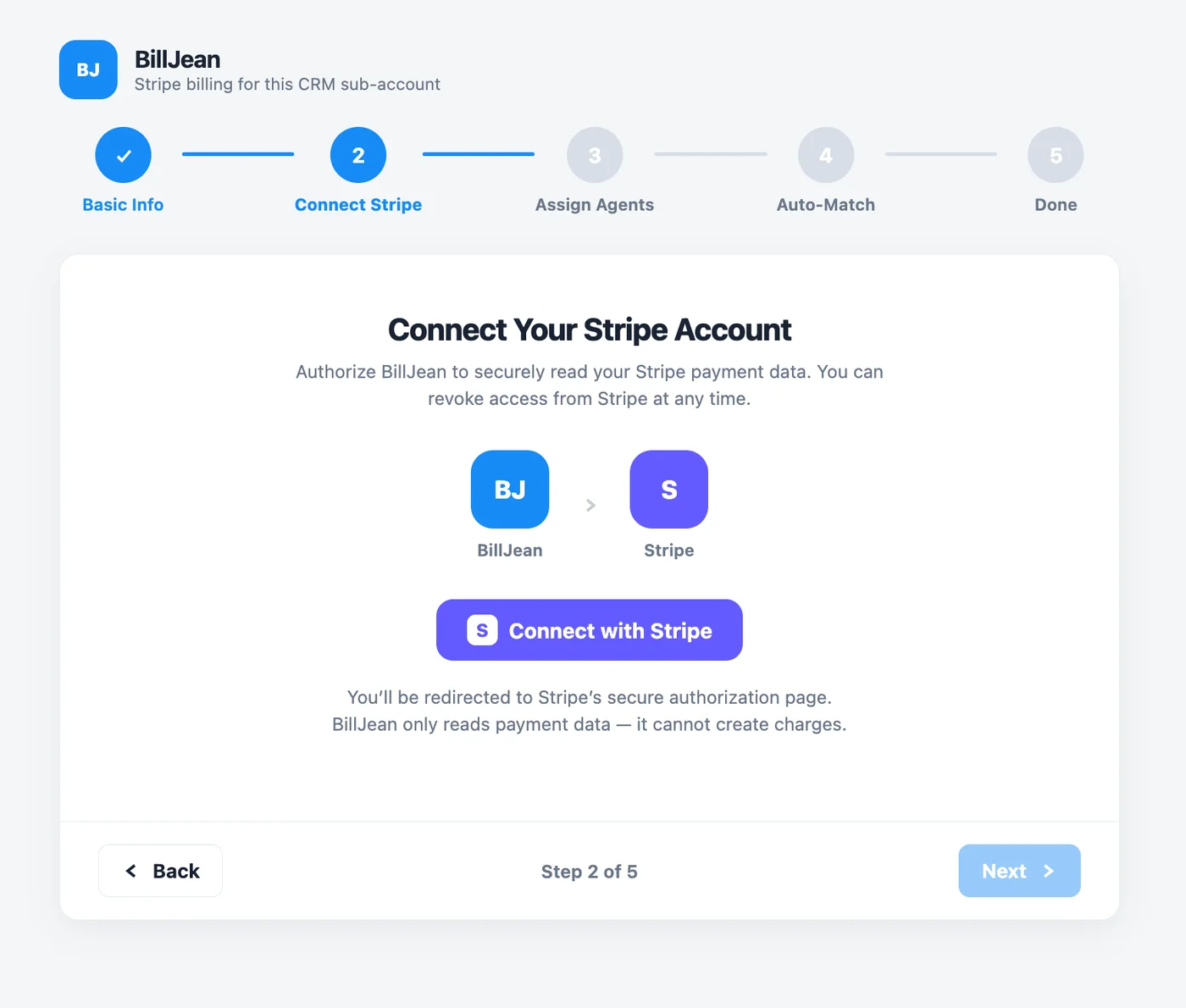 Setup step 2 of 5: Connect Your Stripe Account, with the Connect with Stripe button