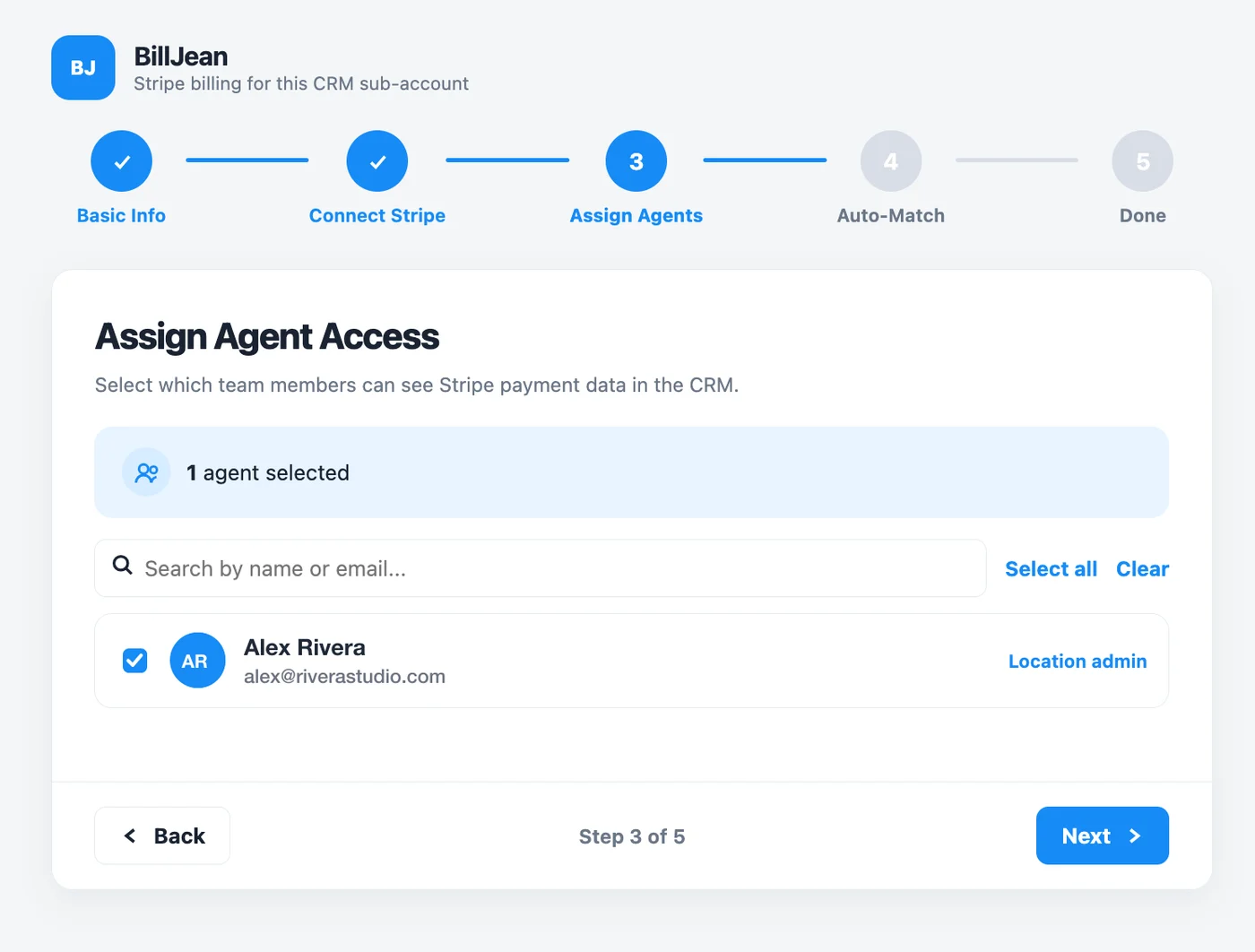 Setup step 3 of 5: Assign Agent Access, with one agent selected