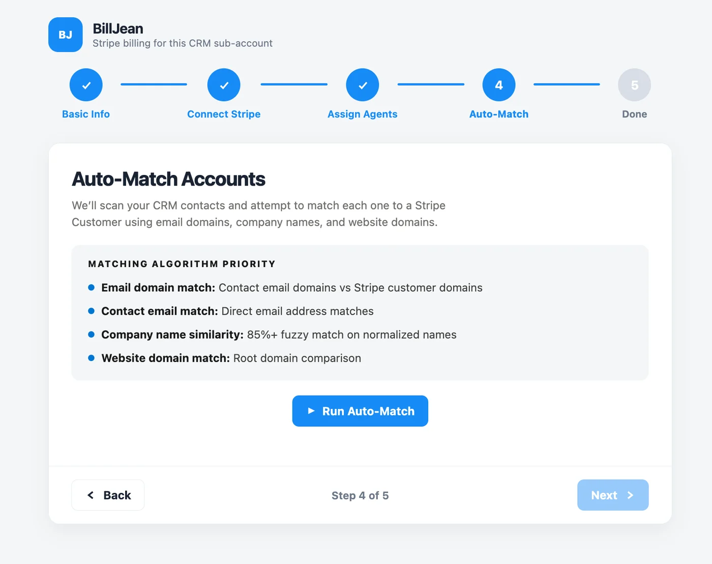 Setup step 4 of 5: Auto-Match Accounts, showing the matching priority and Run Auto-Match button