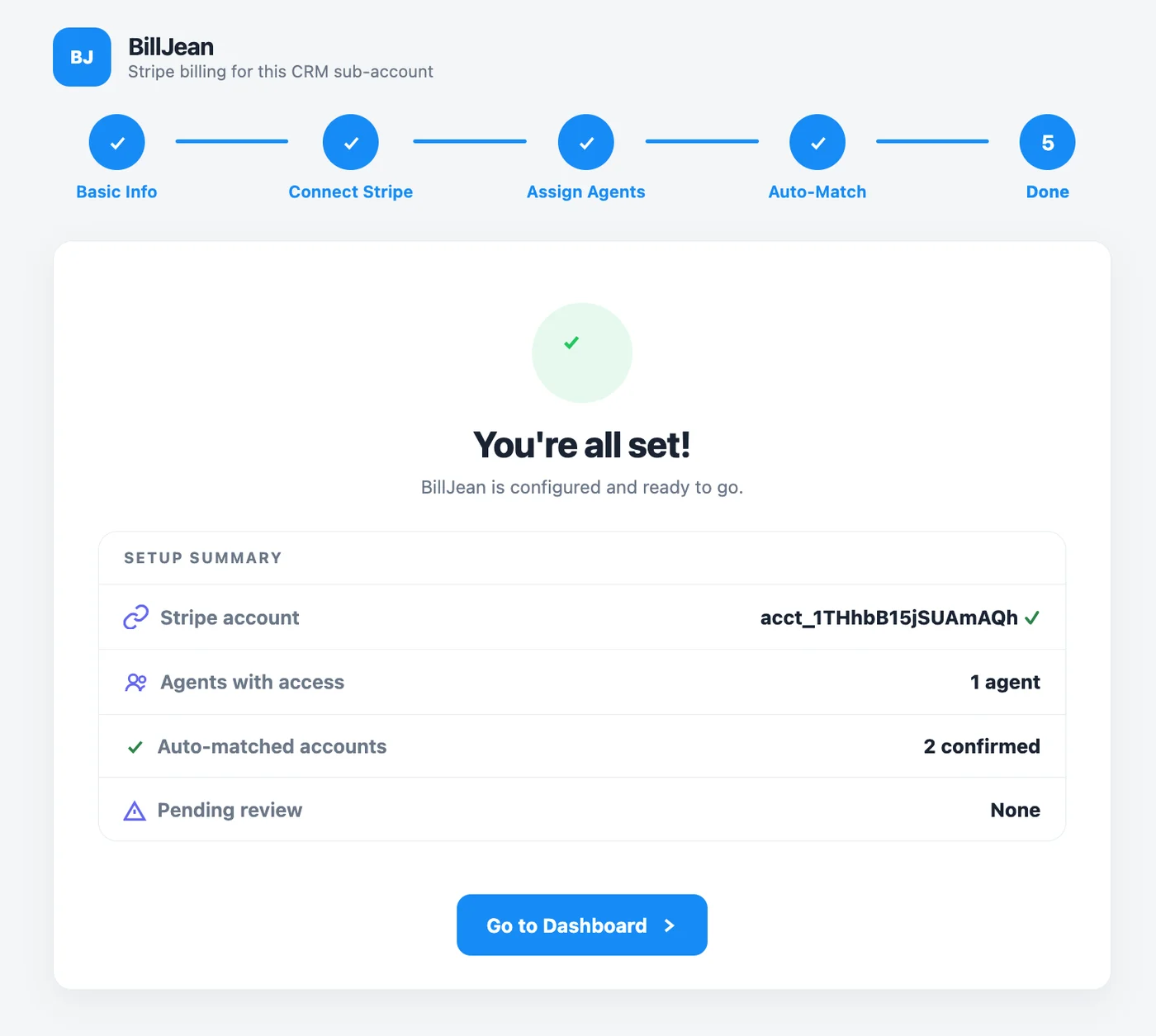 Setup complete: You're all set, with a summary of the Stripe account, agents and matched accounts