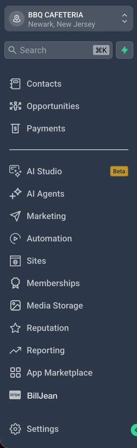 Sub-account sidebar with BillJean listed near the bottom